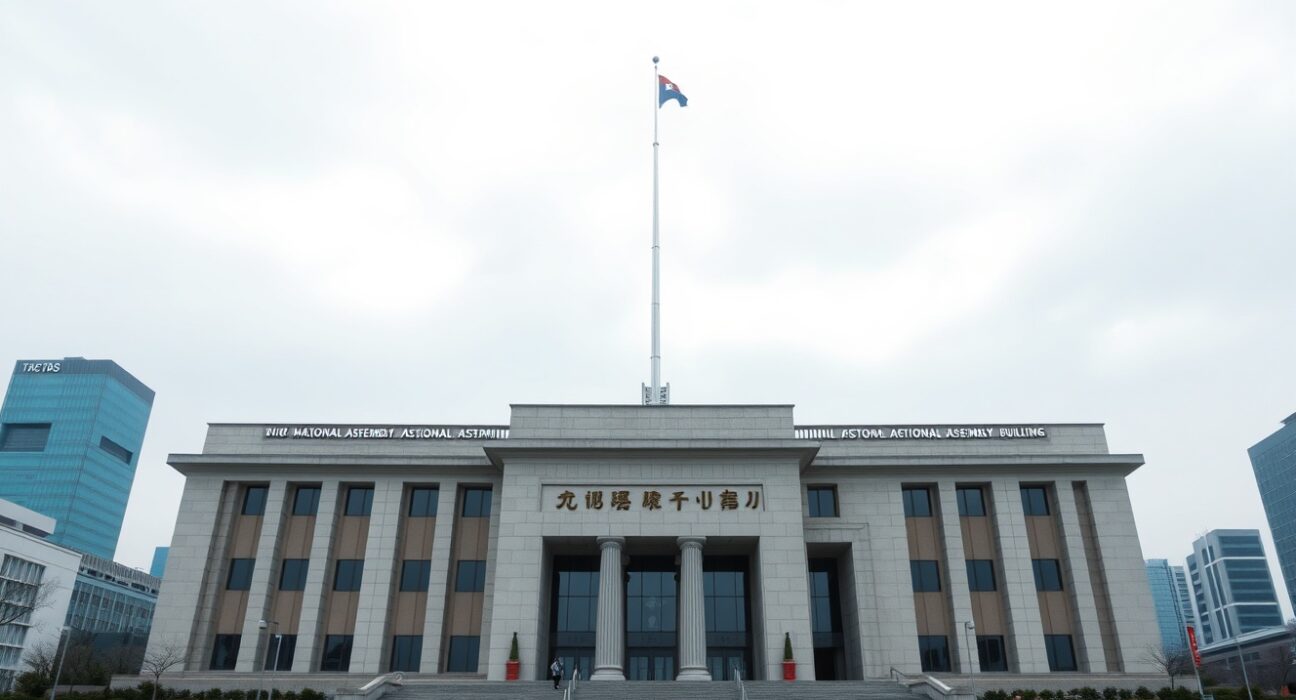 South Korean National Assembly building under overcast sky, symbolizing legislative action on crypto pension bill.