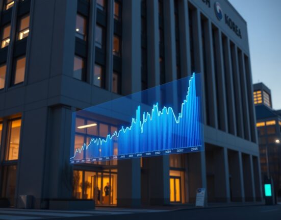 South Korea's new Serious Crimes Investigation Agency building with a superimposed crypto price chart, symbolizing the crackdown on market manipulation.