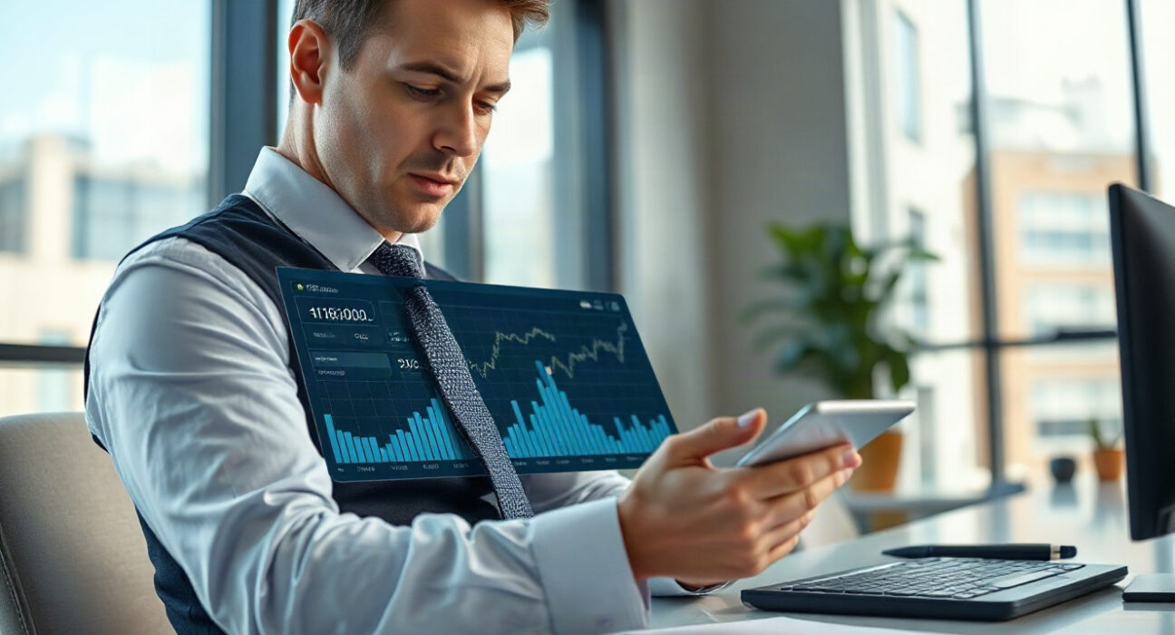 Tax official reviewing cryptocurrency transaction data on a screen in a modern office