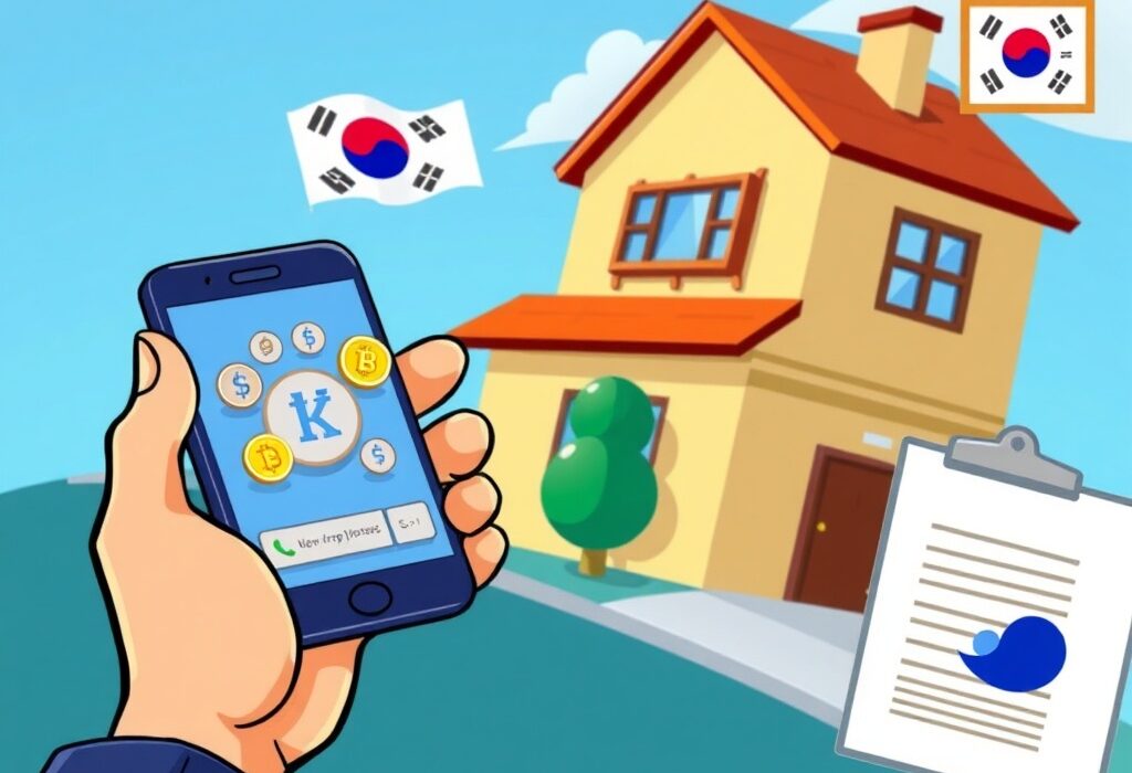Cartoon illustrating new South Korea crypto real estate reporting rules, showing a person using crypto to buy a house with required documentation.