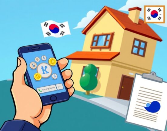 Cartoon illustrating new South Korea crypto real estate reporting rules, showing a person using crypto to buy a house with required documentation.