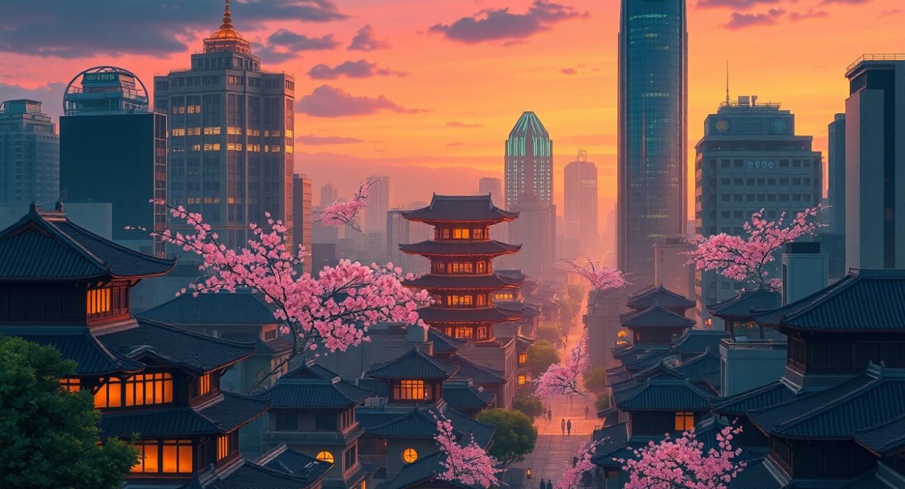 South Korea crypto regulation analysis showing financial district with digital data streams representing market oversight