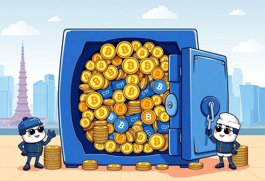 A cartoon illustration showing South Korea crypto reserves securely stored by exchanges, symbolizing robust user protection.