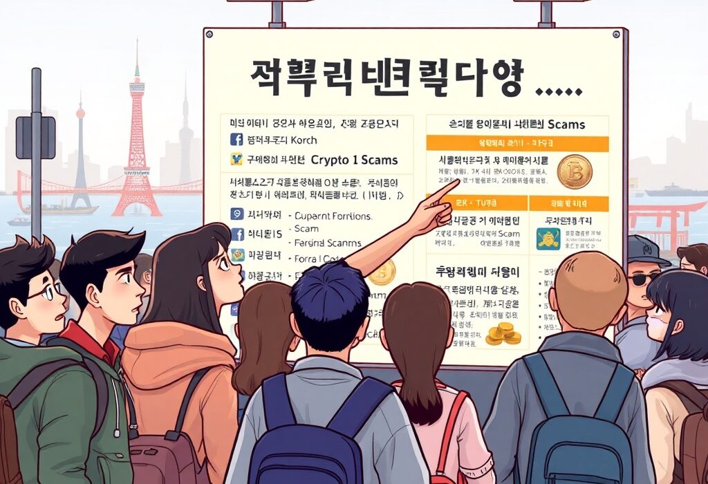 Cartoon illustration showing the South Korean financial watchdog educating the public about avoiding South Korea crypto scams and financial fraud.