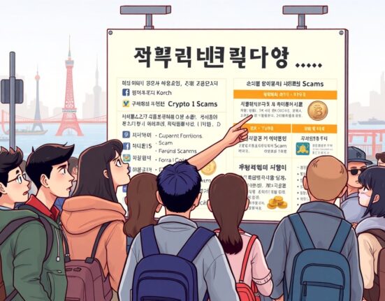 Cartoon illustration showing the South Korean financial watchdog educating the public about avoiding South Korea crypto scams and financial fraud.
