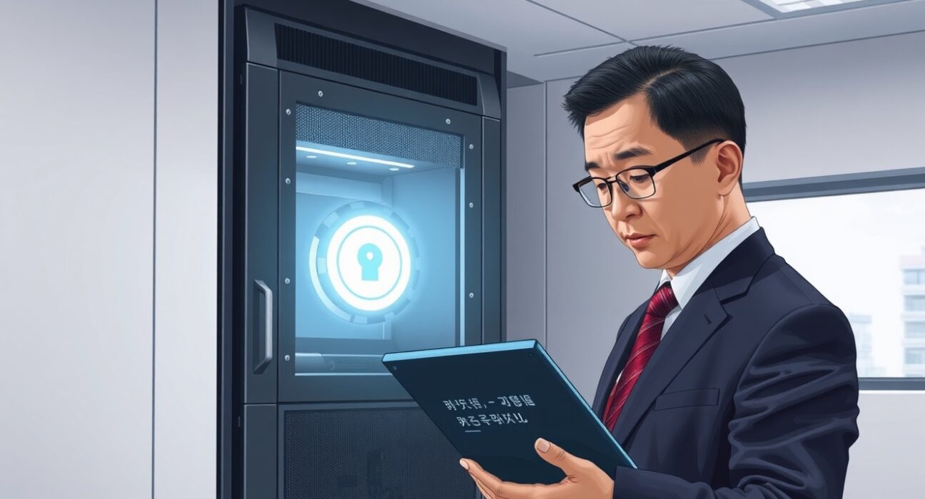 South Korean government official reviewing secure crypto storage protocols in a server room.