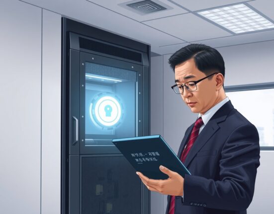 South Korean government official reviewing secure crypto storage protocols in a server room.