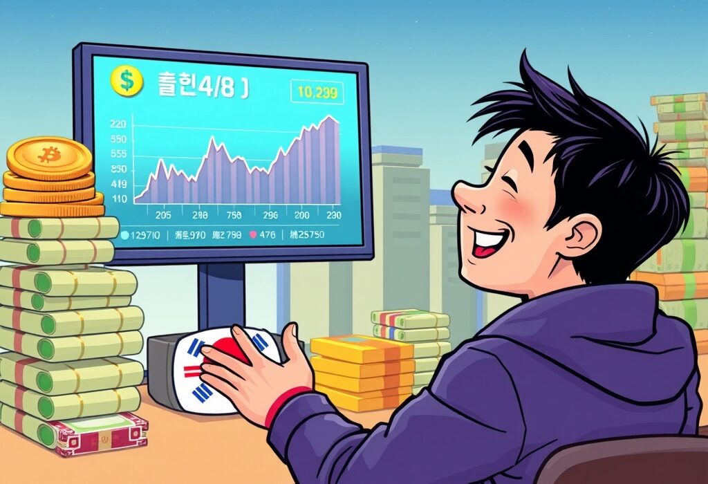 Cartoon showing an individual in South Korea tracking the astonishing surge in South Korea overseas crypto assets and other financial holdings.