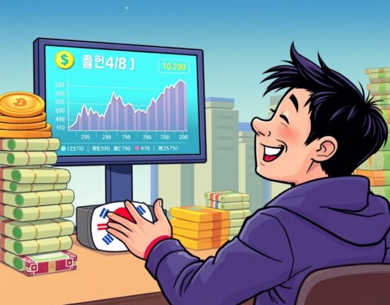 Cartoon showing an individual in South Korea tracking the astonishing surge in South Korea overseas crypto assets and other financial holdings.