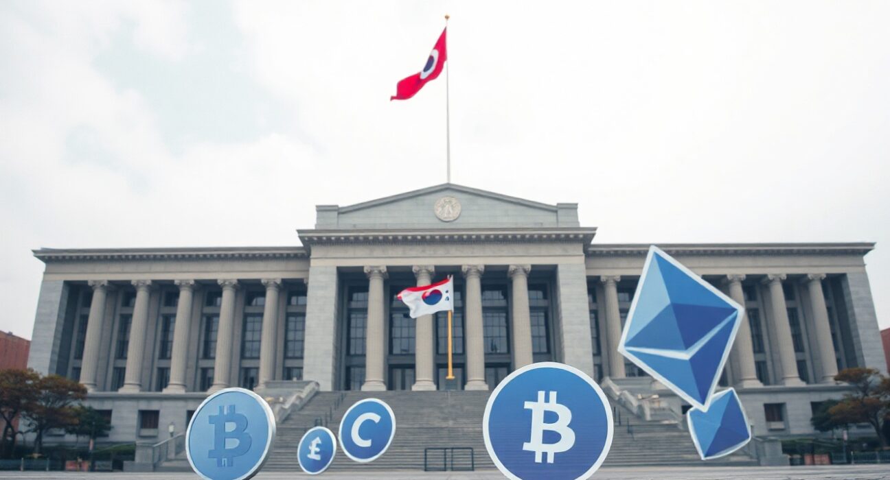 South Korea National Assembly building with holographic cryptocurrency symbols in foreground