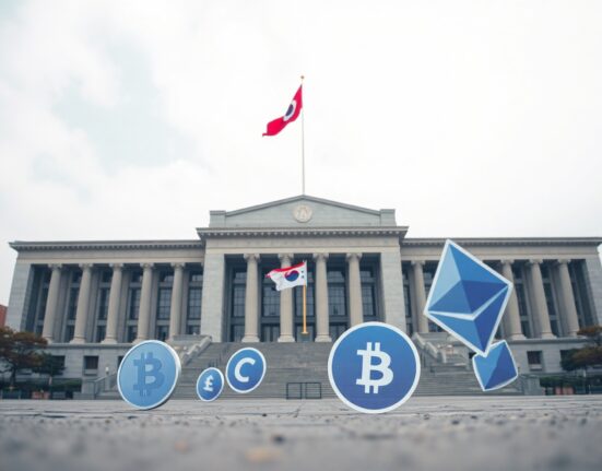 South Korea National Assembly building with holographic cryptocurrency symbols in foreground
