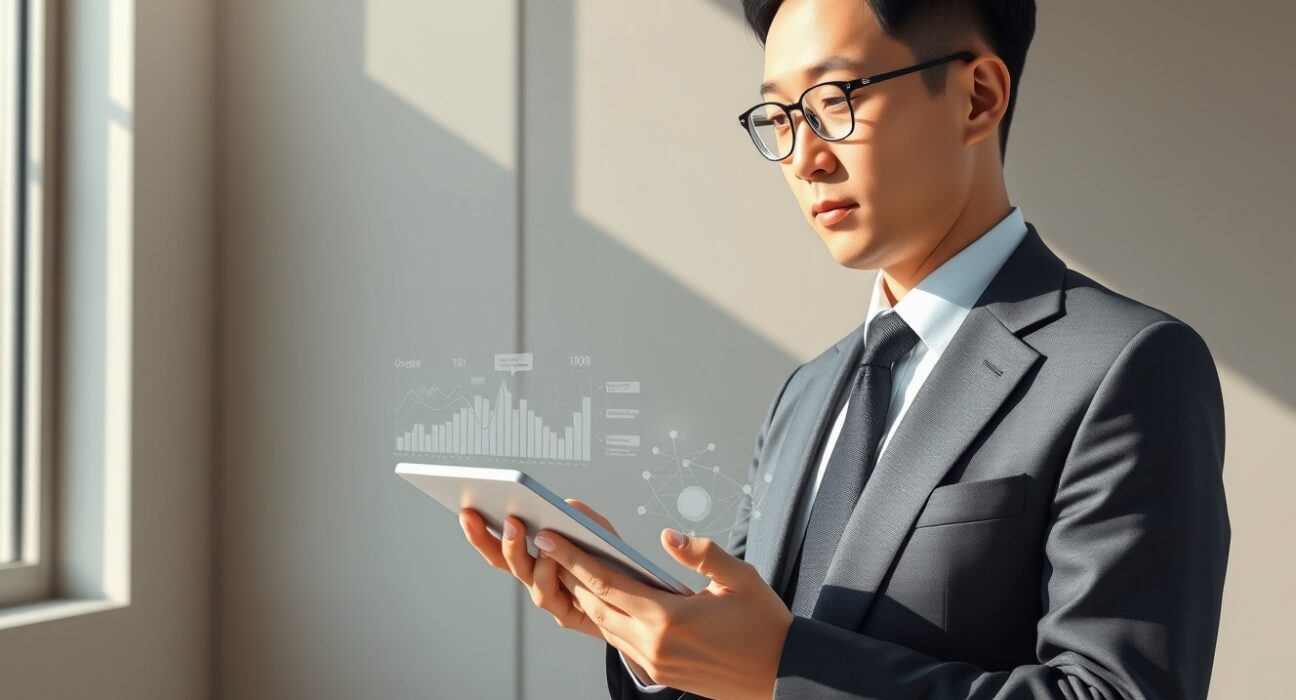 South Korean official analyzing cryptocurrency taxation policy with market data visualization