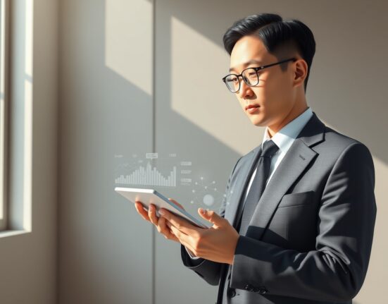 South Korean official analyzing cryptocurrency taxation policy with market data visualization