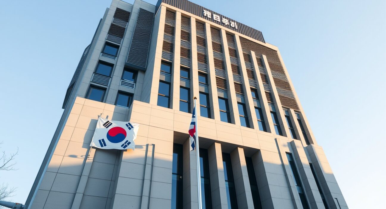 Exterior of a government building in Seoul with the South Korean flag, representing tax policy decision.