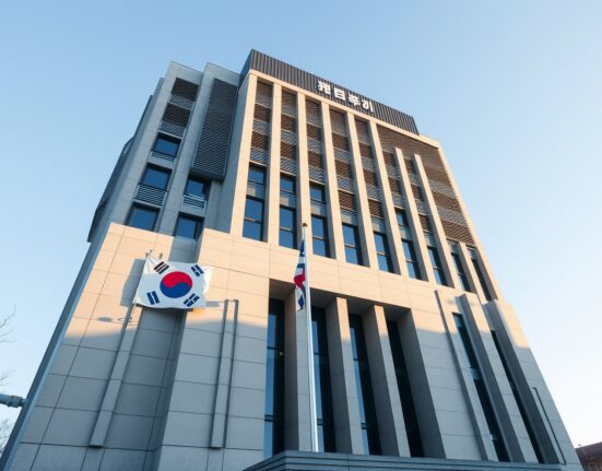 Exterior of a government building in Seoul with the South Korean flag, representing tax policy decision.
