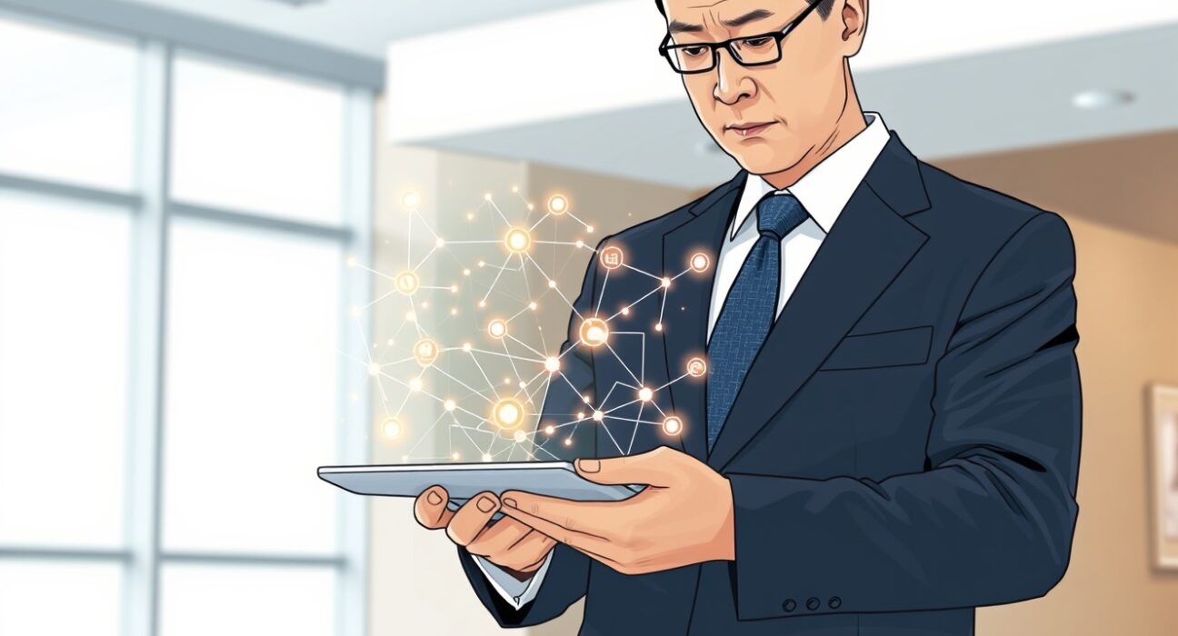South Korean official analyzing complex DeFi and staking tax regulations on a digital tablet.