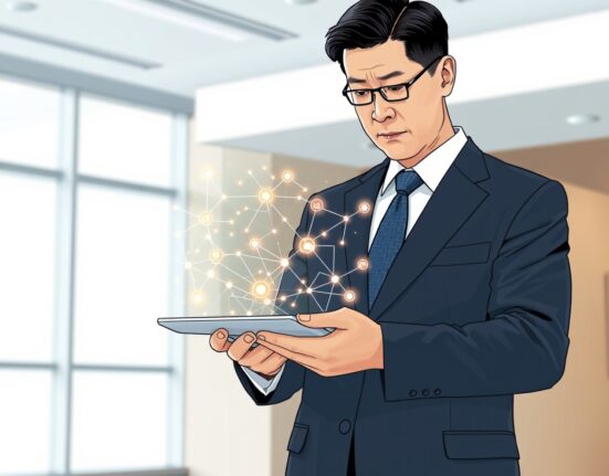 South Korean official analyzing complex DeFi and staking tax regulations on a digital tablet.