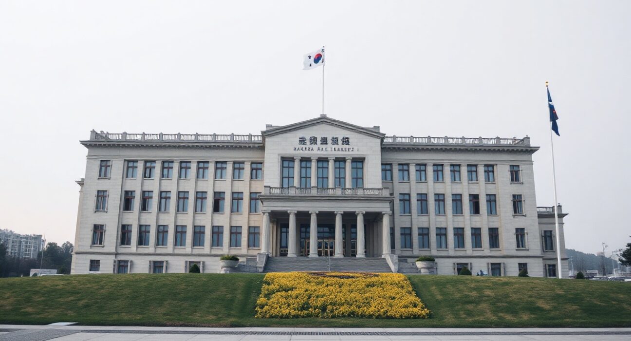 South Korean National Assembly building in Seoul on a cloudy day, representing legislative oversight of cryptocurrency tax policy.