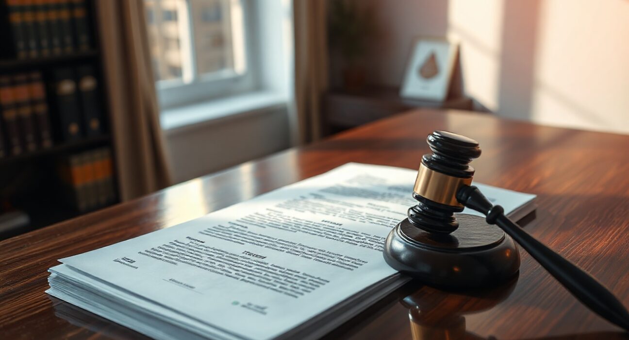 A gavel and legal documents on a desk with blurred cryptocurrency symbols in the background, representing legal challenges in crypto taxation.