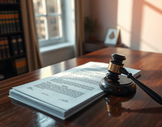 A gavel and legal documents on a desk with blurred cryptocurrency symbols in the background, representing legal challenges in crypto taxation.