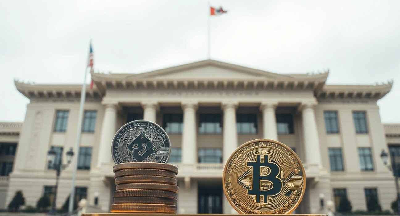 South Korea National Assembly building with a tilted balancing scale and Bitcoin symbol in the foreground