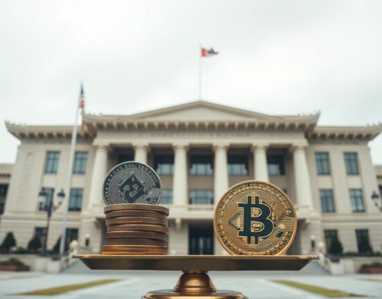 South Korea National Assembly building with a tilted balancing scale and Bitcoin symbol in the foreground