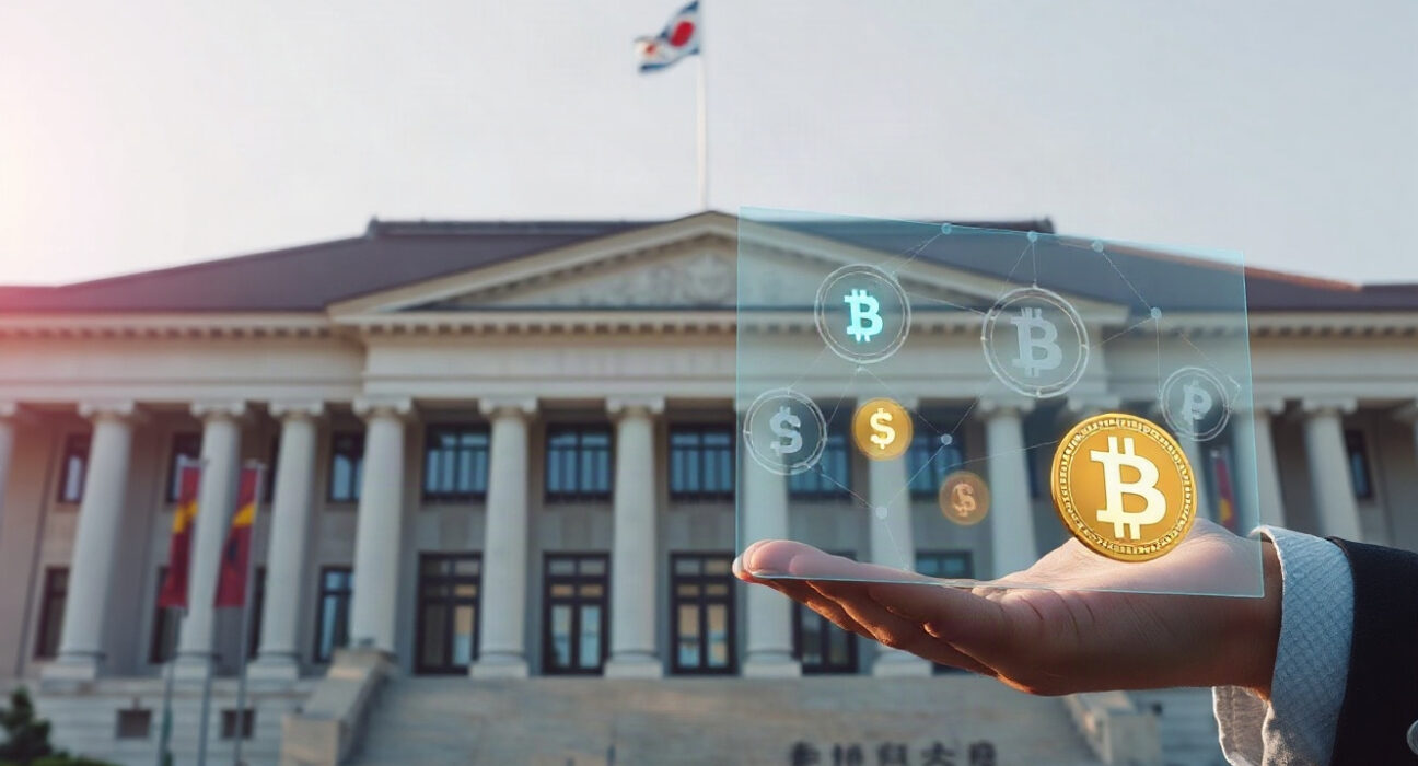 South Korean National Assembly building with subtle digital currency symbols representing crypto tax policy discussions