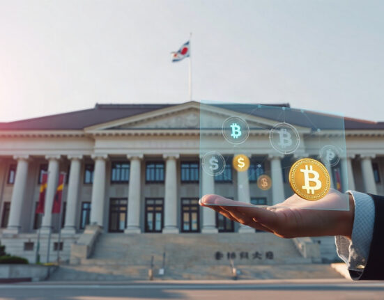 South Korean National Assembly building with subtle digital currency symbols representing crypto tax policy discussions