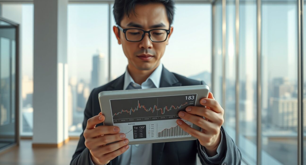 Financial analyst reviewing cryptocurrency data on a tablet in a Seoul office.
