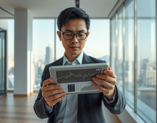 Financial analyst reviewing cryptocurrency data on a tablet in a Seoul office.