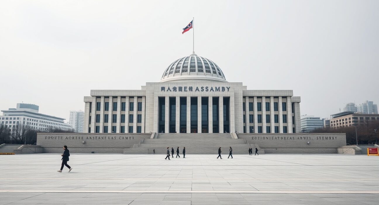 South Korean National Assembly building in Seoul on a cloudy day, a central subject for the crypto tax petition story.