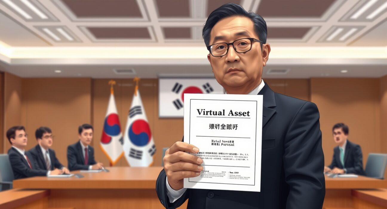 South Korean politician discussing crypto tax repeal proposal in government setting