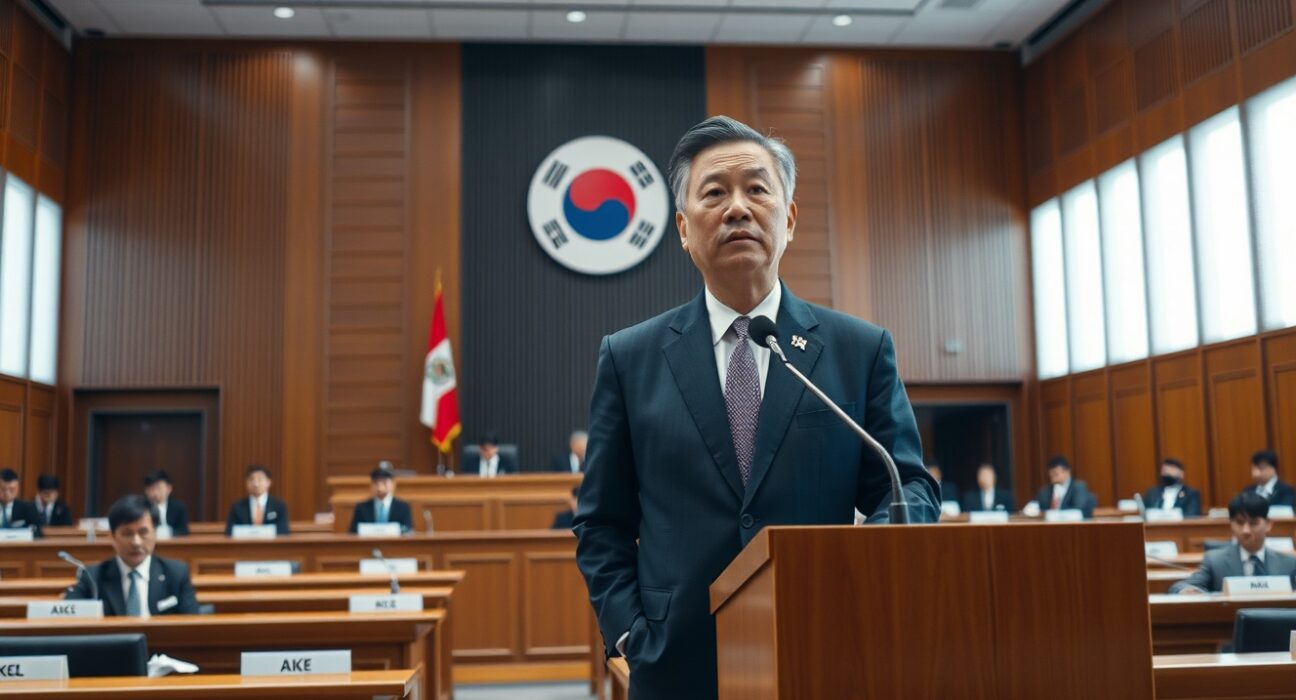 South Korean National Assembly hearing room with a senior official speaking at a podium before a panel of lawmakers.