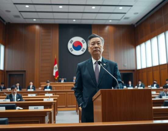 South Korean National Assembly hearing room with a senior official speaking at a podium before a panel of lawmakers.
