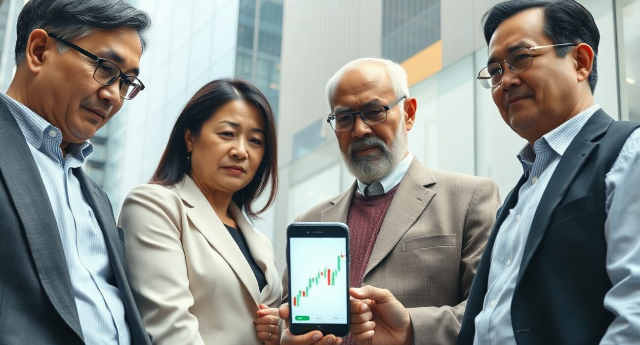 Mature South Korean investors looking at a smartphone with a stock chart in Seoul