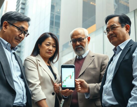 Mature South Korean investors looking at a smartphone with a stock chart in Seoul