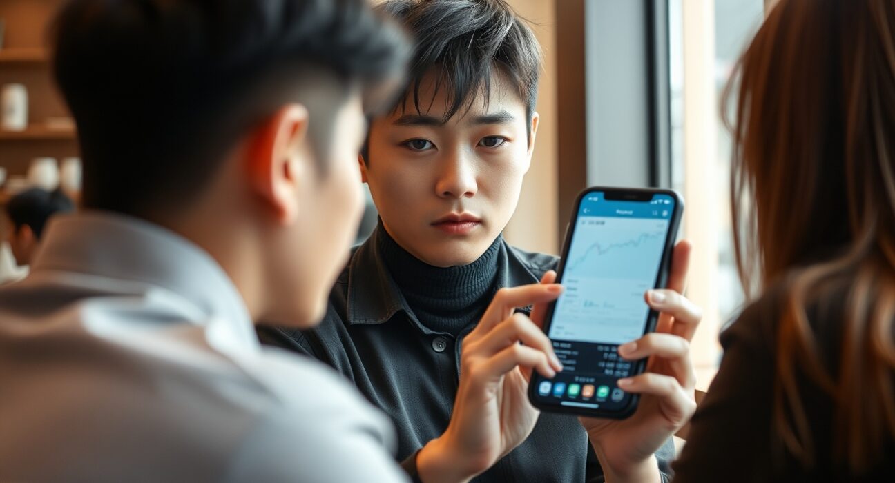 Young South Korean man looking at a cryptocurrency app on his phone in a coffee shop, expressing concern over new tax policies.