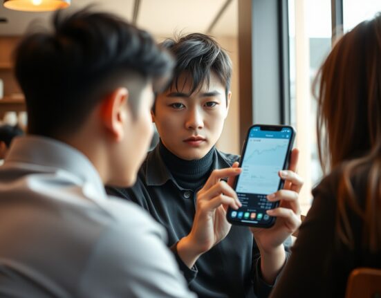 Young South Korean man looking at a cryptocurrency app on his phone in a coffee shop, expressing concern over new tax policies.