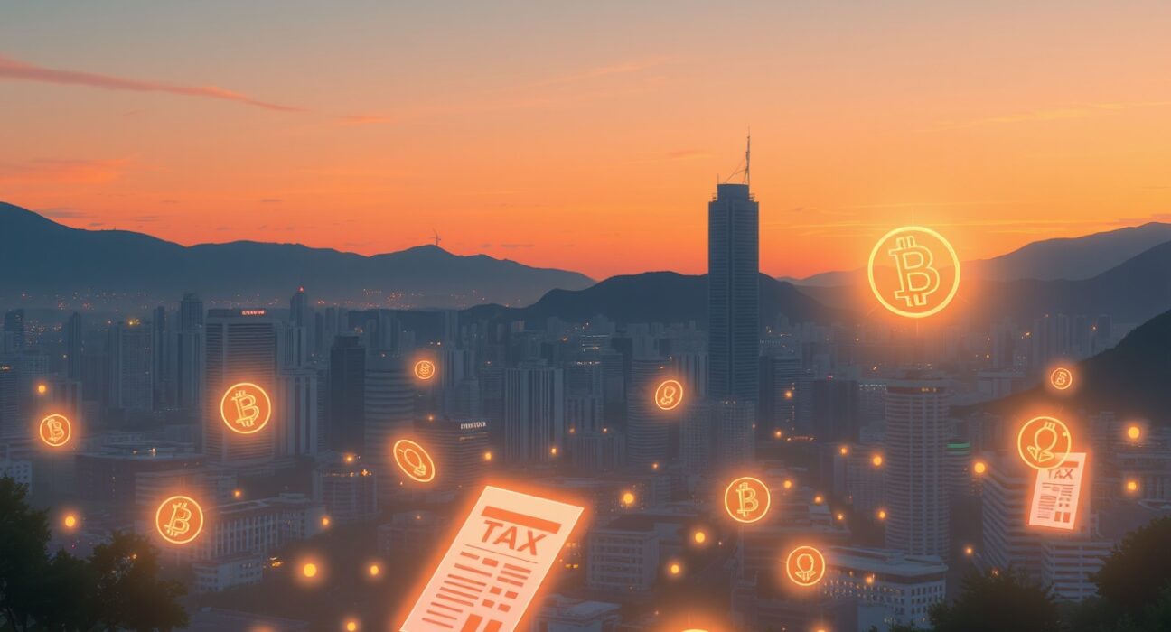 Illustration of South Korea's landmark ruling on crypto taxable income for blockchain project work.