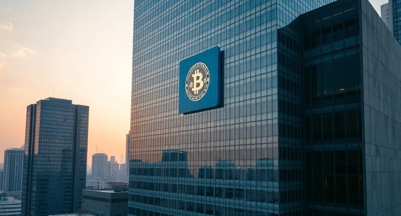 Seoul financial district building with subtle digital symbols, representing South Korea's crypto market decline.