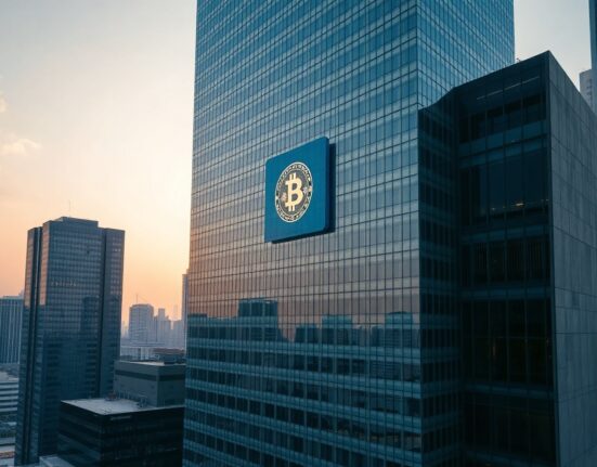Seoul financial district building with subtle digital symbols, representing South Korea's crypto market decline.