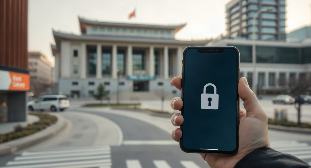 South Korea's financial district with a smartphone displaying a crypto wallet app, symbolizing new digital asset transfer regulations.