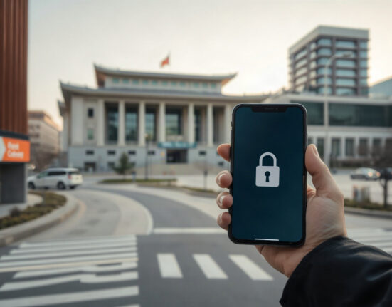 South Korea's financial district with a smartphone displaying a crypto wallet app, symbolizing new digital asset transfer regulations.