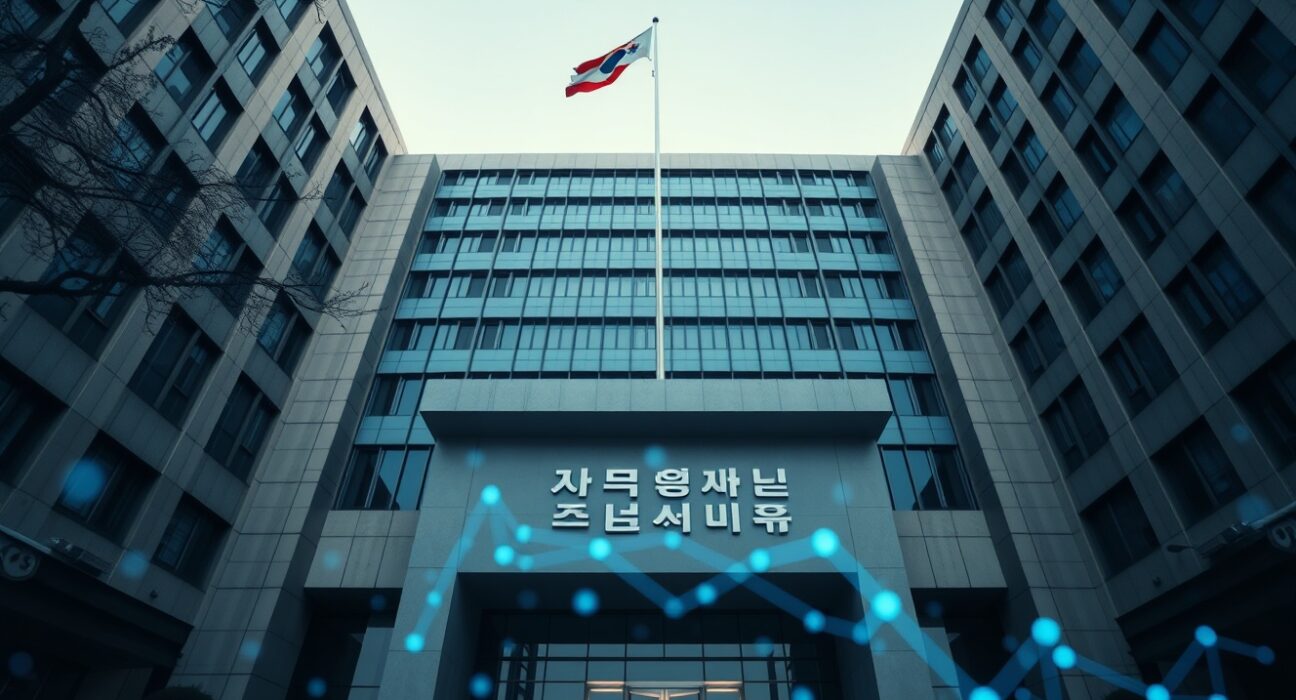 Exterior of the Financial Services Commission building in Seoul, South Korea, with subtle digital blockchain imagery.