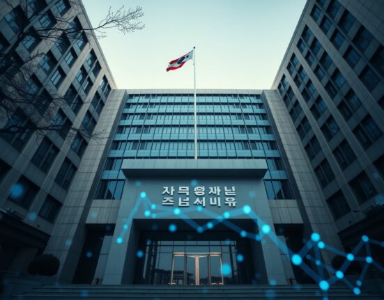 Exterior of the Financial Services Commission building in Seoul, South Korea, with subtle digital blockchain imagery.