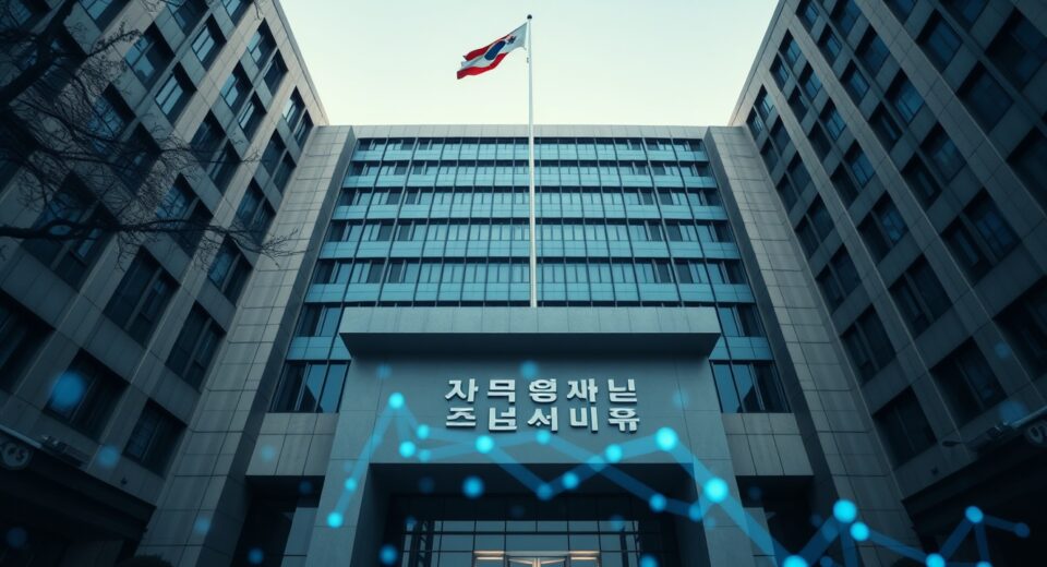 Exterior of the Financial Services Commission building in Seoul, South Korea, with subtle digital blockchain imagery.