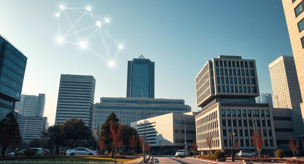 South Korea's financial district with digital asset symbols, symbolizing crypto travel rule regulation.