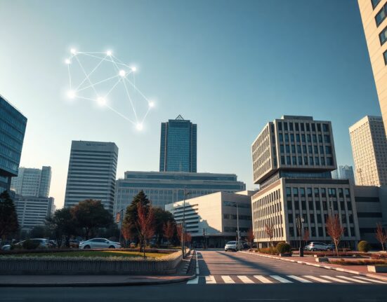 South Korea's financial district with digital asset symbols, symbolizing crypto travel rule regulation.