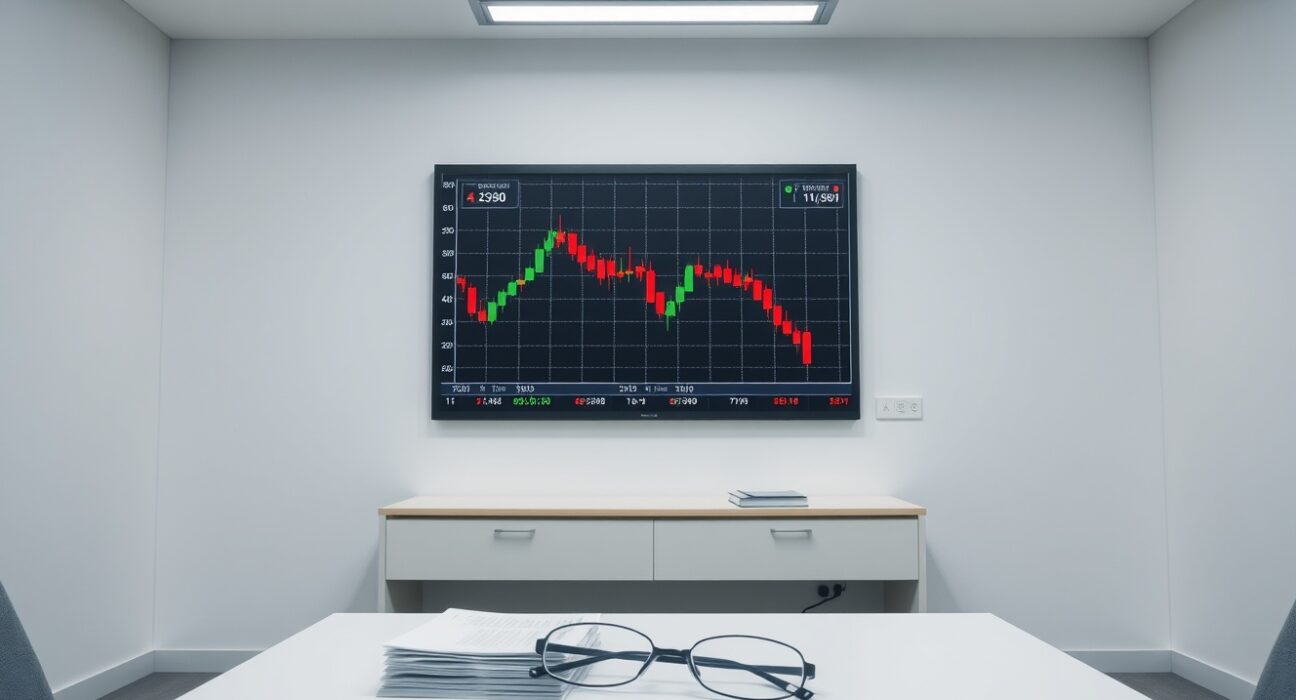 Regulatory office in Seoul with a digital display showing a declining cryptocurrency price chart and documents on a desk.