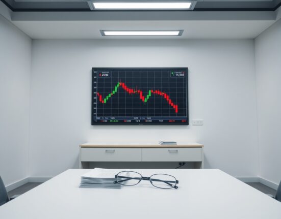 Regulatory office in Seoul with a digital display showing a declining cryptocurrency price chart and documents on a desk.